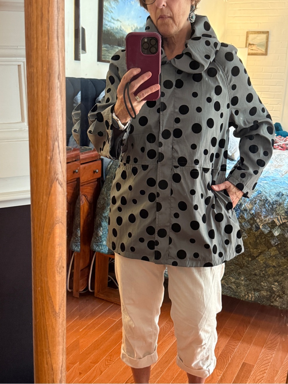 Gray Polka Dot Trench Coat with Funnel Collar